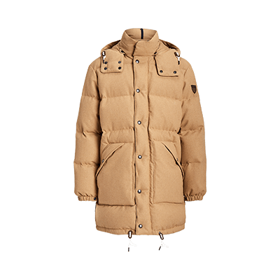 Long tan wool puffer coat.