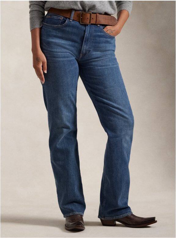 Photograph of woman in straight jeans.